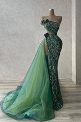 Tulle Strapless Sleeveless High Split Long Prom Dress With Beading