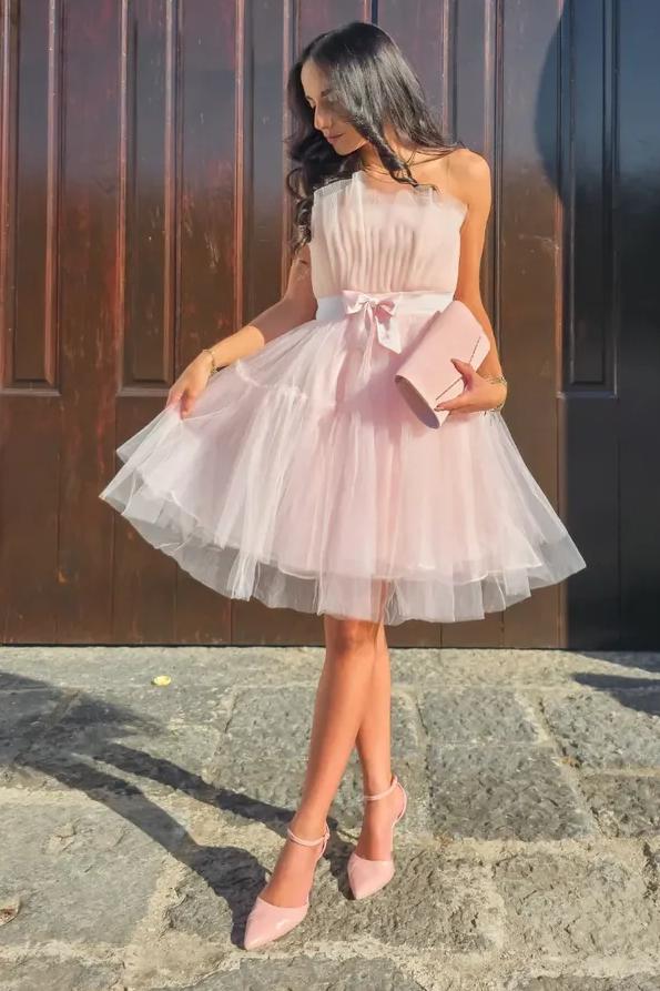 Tulle Strapless Sleeveless Short A Line Prom Dress With Belt