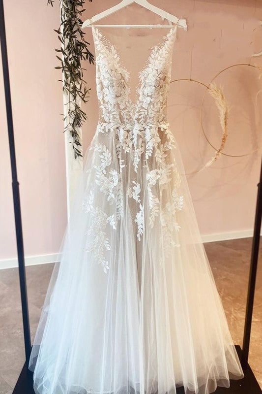 Tulle Wedding Dress V-Neck Sleeveless With Appliques-27dress