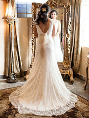 Turn Heads in a Trumpet/Mermaid V-neck Lace Sweep Train Wedding Dress With Sashes/Ribbons