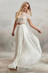 Two Piece Long Chiffon Lace A-Line Wedding Dresses with Sleeves-27dress