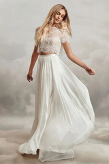 Two Piece Long Chiffon Lace A-Line Wedding Dresses with Sleeves-27dress