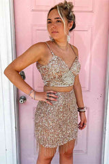 Two Piece Rose Gold Sequined Bodycon Homecoming Dress with Fringes