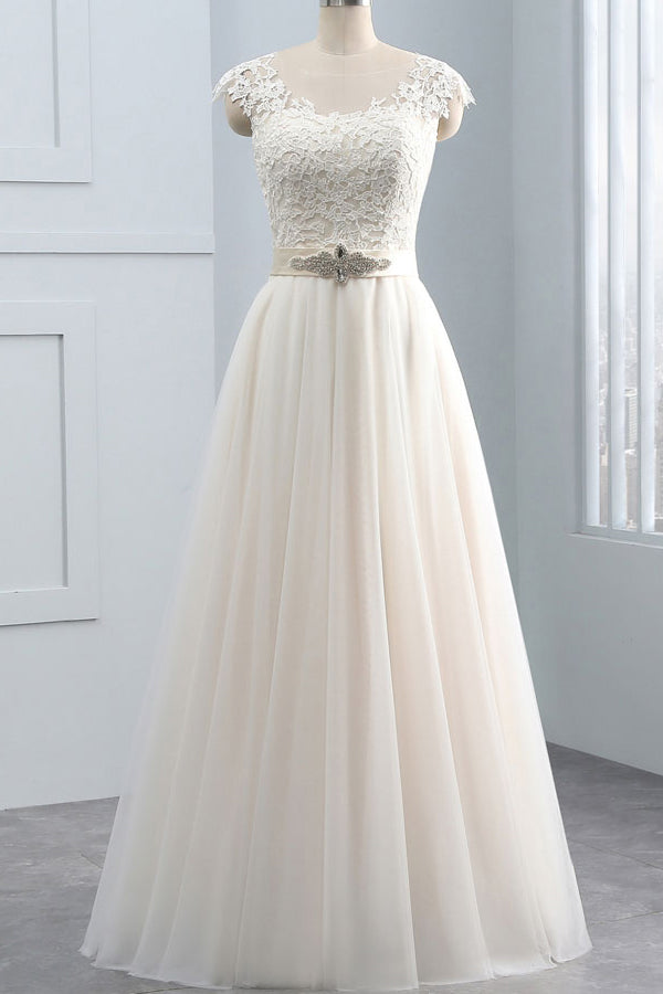 Unique Appliques Champagne Sleeveless Wedding Dresses Straps Chiffon A-line Bridal Gown On Sale-27dress