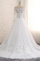 Unique Bateau Longsleeves A-line Wedding Dresses With Appliques White Tulle Bridal Gowns On Sale-27dress