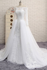 Unique Bateau Longsleeves A-line Wedding Dresses With Appliques White Tulle Bridal Gowns On Sale-27dress
