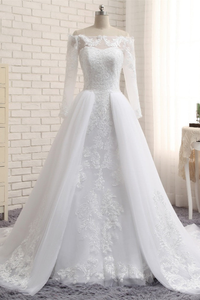 Unique Bateau Longsleeves A-line Wedding Dresses With Appliques White Tulle Bridal Gowns On Sale-27dress