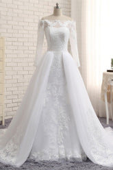 Unique Bateau Longsleeves A-line Wedding Dresses With Appliques White Tulle Bridal Gowns On Sale-27dress