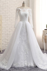 Unique Bateau Longsleeves A-line Wedding Dresses With Appliques White Tulle Bridal Gowns On Sale-27dress