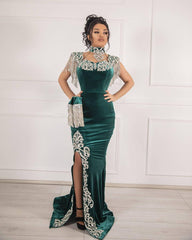Unique Green Long Mermaid Velvet Prom Dresses with Slit-27Dress