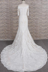 Unique Halfsleeves Lace Mermaid Wedding Dresses Champagne Bateau Bridal Gowns On Sale-27dress