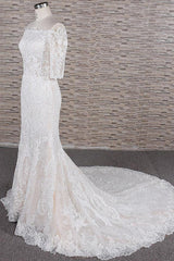 Unique Halfsleeves Lace Mermaid Wedding Dresses Champagne Bateau Bridal Gowns On Sale-27dress