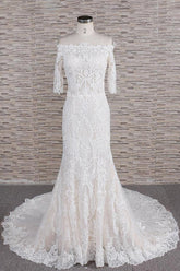 Unique Halfsleeves Lace Mermaid Wedding Dresses Champagne Bateau Bridal Gowns On Sale-27dress