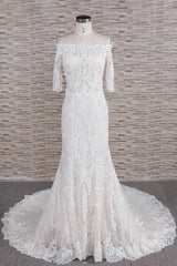 Unique Halfsleeves Lace Mermaid Wedding Dresses Champagne Bateau Bridal Gowns On Sale-27dress