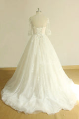 Unique Halfsleeves Lace Tulle Wedding Dress A-line White Appliques Bridal Gowns On Sale-27dress