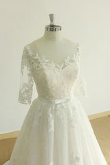 Unique Halfsleeves Lace Tulle Wedding Dress A-line White Appliques Bridal Gowns On Sale-27dress