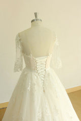 Unique Halfsleeves Lace Tulle Wedding Dress A-line White Appliques Bridal Gowns On Sale-27dress