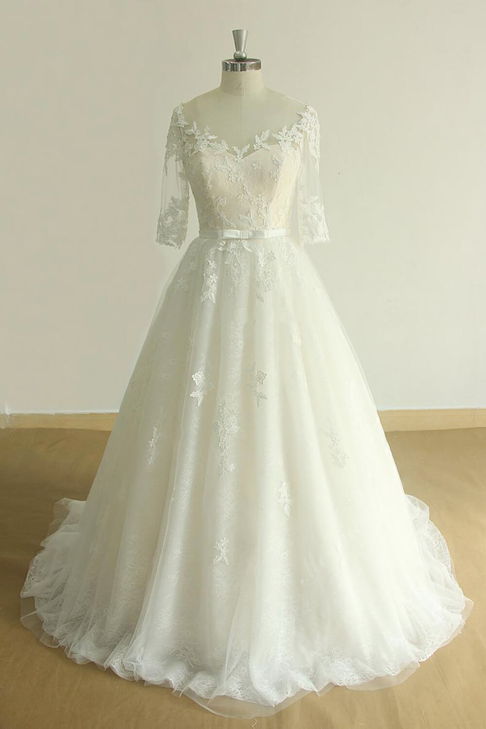 Unique Halfsleeves Lace Tulle Wedding Dress A-line White Appliques Bridal Gowns On Sale-27dress