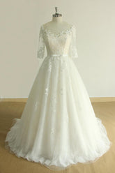 Unique Halfsleeves Lace Tulle Wedding Dress A-line White Appliques Bridal Gowns On Sale-27dress