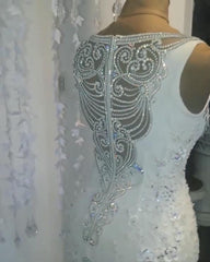 Unique Jewel Sleeveless White Wedding Dresses Mermaid Lace Bridal Gowns With Appliques Online-27dress