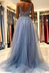 Unique Long A-line V-neck Tulle Open Back Prom Dress with Slit-27Dress