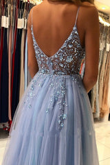 Unique Long A-line V-neck Tulle Open Back Prom Dress with Slit-27Dress