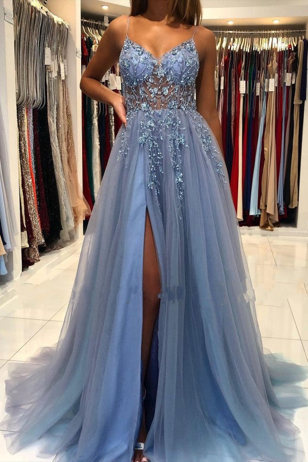 Unique Long A-line V-neck Tulle Open Back Prom Dress with Slit-27Dress