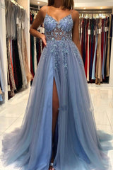 Unique Long A-line V-neck Tulle Open Back Prom Dress with Slit-27Dress