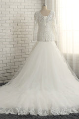 Unique Mermaid Longsleeves V-neck Wedding Dresses White Lace Bridal Gowns With Appliques On Sale-27dress