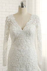 Unique Mermaid Longsleeves V-neck Wedding Dresses White Lace Bridal Gowns With Appliques On Sale-27dress