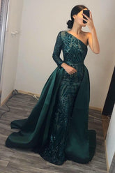 Unique Mermaid One Shoulder Sequins Long Prom Dress with Sleeves-27Dress