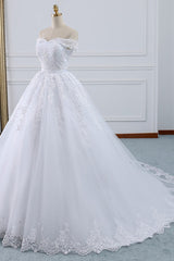 Unique Off the Shoulder Appliques Lace Wedding Dress Ball Gown White A-line Bridal Gowns On Sale-27dress