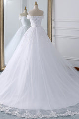 Unique Off the Shoulder Appliques Lace Wedding Dress Ball Gown White A-line Bridal Gowns On Sale-27dress
