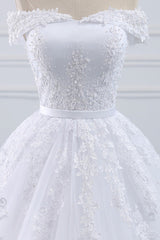 Unique Off the Shoulder Appliques Lace Wedding Dress Ball Gown White A-line Bridal Gowns On Sale-27dress