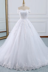Unique Off the Shoulder Appliques Lace Wedding Dress Ball Gown White A-line Bridal Gowns On Sale-27dress
