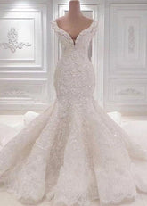Unique Sleeveless Straps White Wedding Dresses With Appliques V-neck Mermaid Lace Bridal Gowns On Sale-27dress