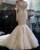 Unique Straps Longsleeves Mermaid Wedding Dresses White Sequins Lace Bridal Gowns With Appliques Online-27dress