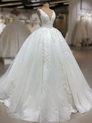 Unique Straps V-neck White Wedding Dresses A-line Tulle Ruffles Bridal Gowns With Appliques On Sale-27dress