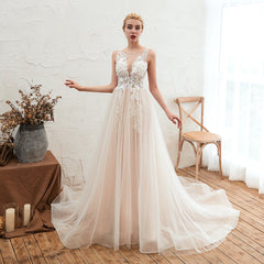 Unique Tulle V-Neck Ivory Affordable Wedding Dress with Appliques-27dress