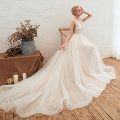 Unique Tulle V-Neck Ivory Affordable Wedding Dress with Appliques-27dress