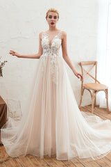 Unique Tulle V-Neck Ivory Affordable Wedding Dress with Appliques-27dress