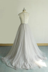 Unique V-neck Appliques Tulle Wedding Dress Ruffles Shortsleeves A-line Bridal Gowns On Sale-27dress