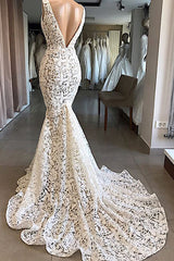 Unique White Mermaid Lace Wedding Dresses Straps Sleeveless Bridal Gowns With Appliques Online-27dress