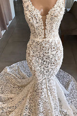 Unique White Mermaid Lace Wedding Dresses Straps Sleeveless Bridal Gowns With Appliques Online-27dress