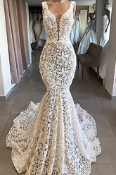 Unique White Mermaid Lace Wedding Dresses Straps Sleeveless Bridal Gowns With Appliques Online-27dress