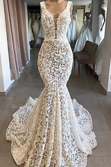 Unique White Mermaid Lace Wedding Dresses Straps Sleeveless Bridal Gowns With Appliques Online-27dress