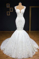 Unique White Straps Mermaid Wedding Dresses With Appliques Tulle Ruffles Lace Bridal Gowns Online-27dress