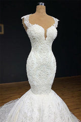 Unique White Straps Mermaid Wedding Dresses With Appliques Tulle Ruffles Lace Bridal Gowns Online-27dress