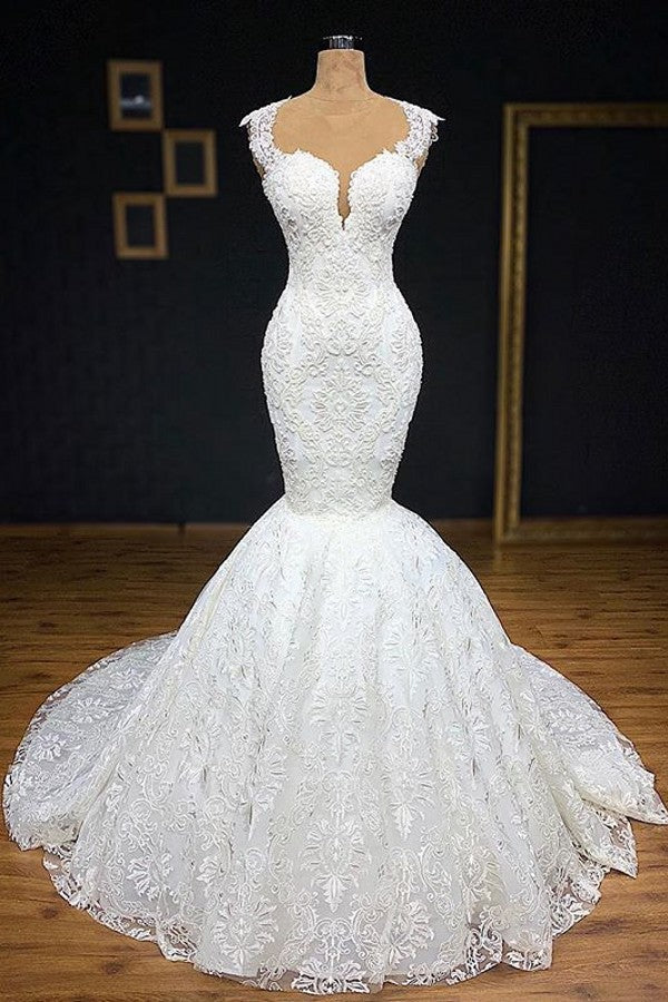 Unique White Straps Mermaid Wedding Dresses With Appliques Tulle Ruffles Lace Bridal Gowns Online-27dress