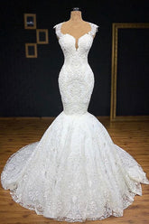Unique White Straps Mermaid Wedding Dresses With Appliques Tulle Ruffles Lace Bridal Gowns Online-27dress